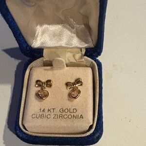 14kt Gold Bow with Pink Heart Shaped Cubic Zirconia Earrings